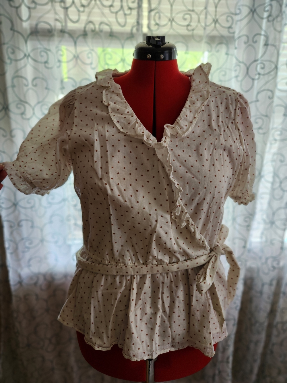 LC Lauren Conrad Cream Wrap Blouse with Brown Polka Dots